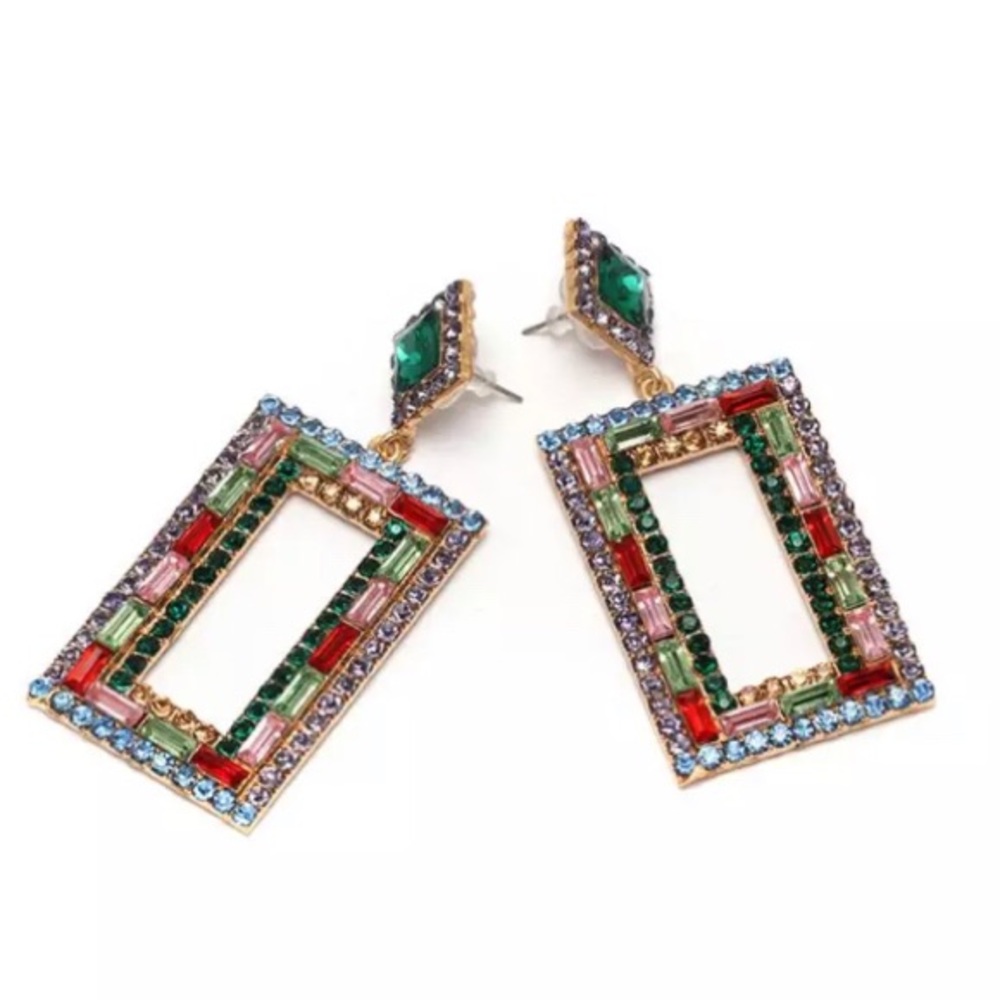 Large green rhinestone rectangular drop earrings - Picture 2 of 6